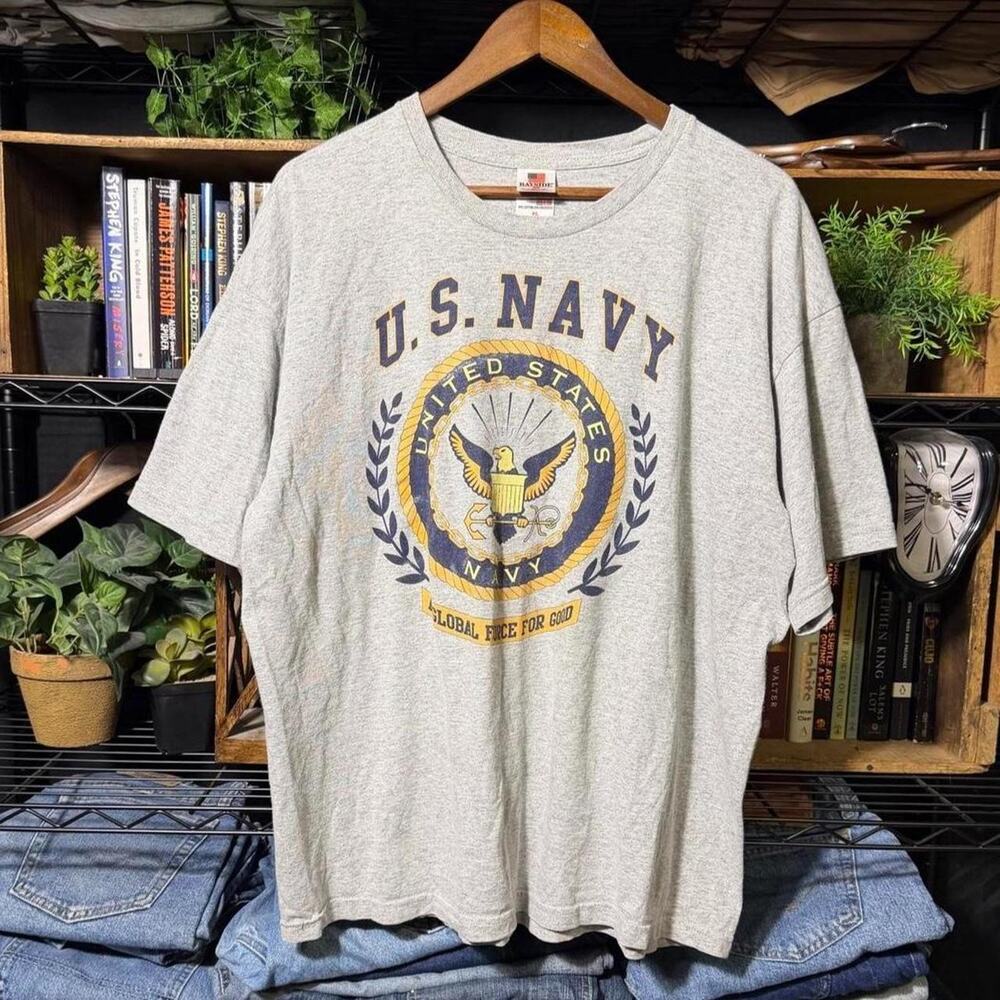 Vintage Y2K U.S. Navy Tee Gray and Blue United State Boxy Shirt Mens XL